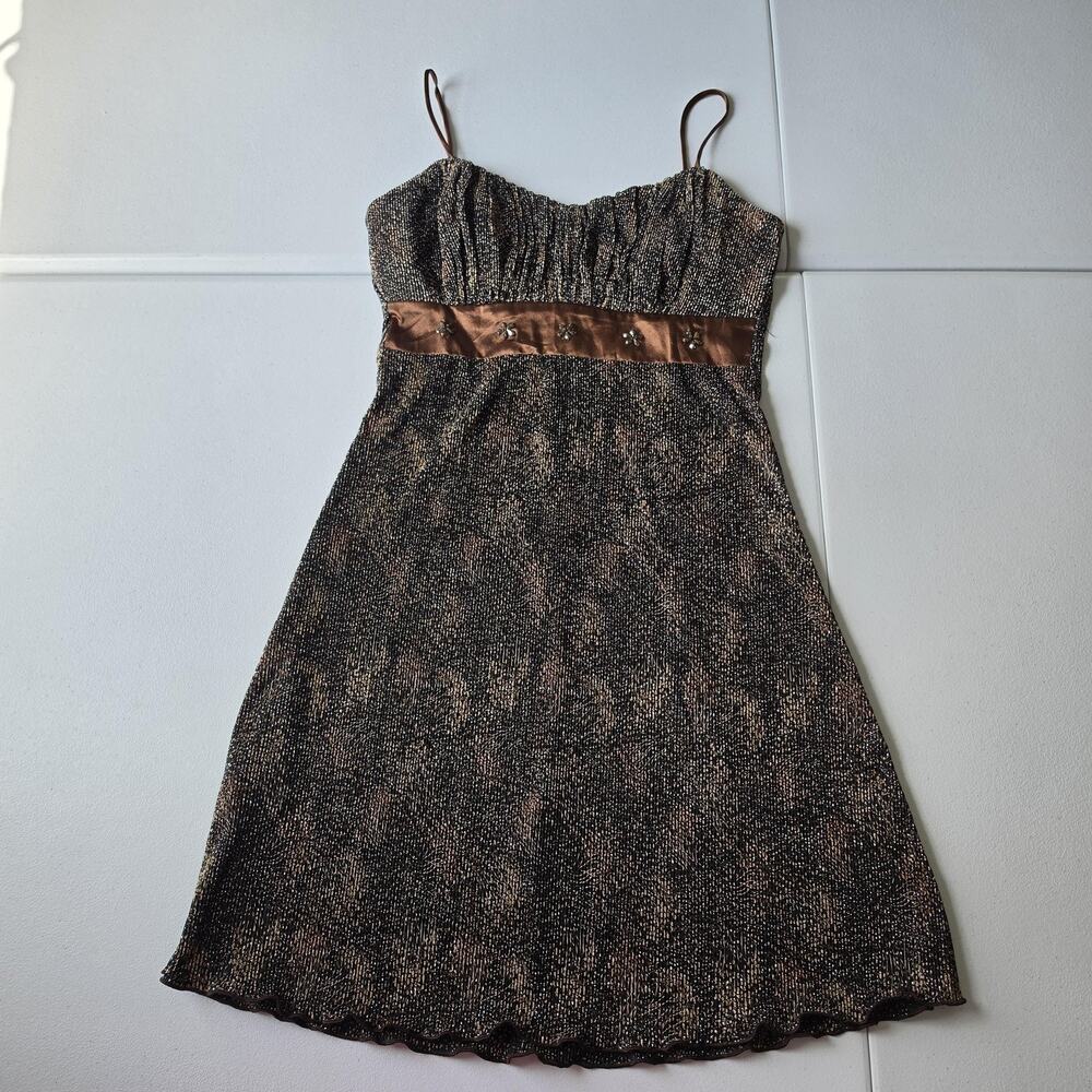 90s Y2K Fairy Grunge Whimsigoth Dress 4 Brown Animal Print Beaded Empire Waist